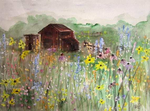570x424 Field Of Flowers Print Of Original Watercolor Painting Barn Etsy