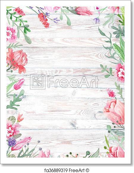 450x580 Free Art Print Of Watercolor Floral Frame On Wood Background