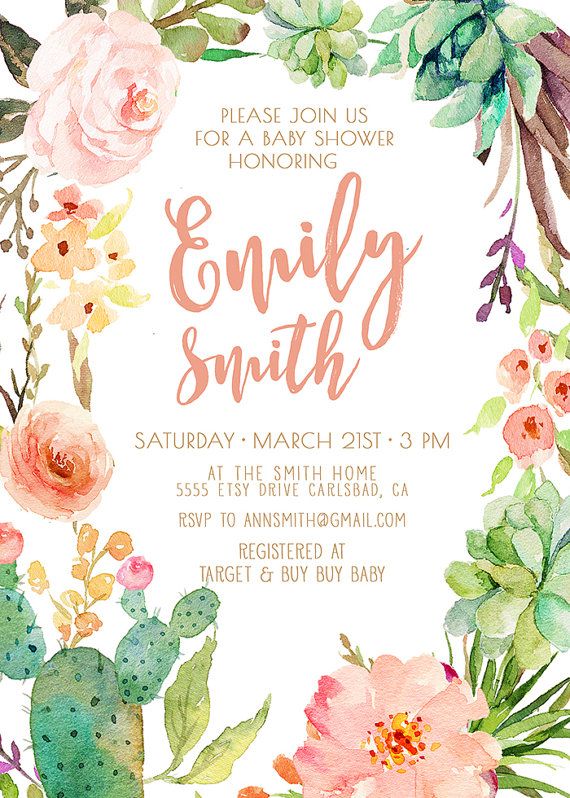 570x798 Girl Baby Shower Invitation, Succulent, Watercolor, Flowers, Boho