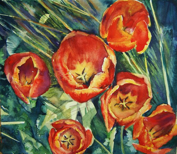 570x496 Tulip Painting Red Original Watercolor Flowers Sale Price Etsy