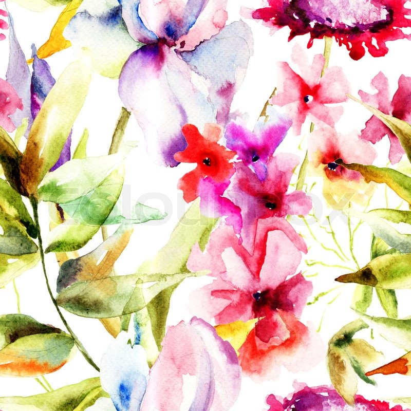 800x800 Seamless Pattern With Beautiful Flowers, Watercolor Illustration