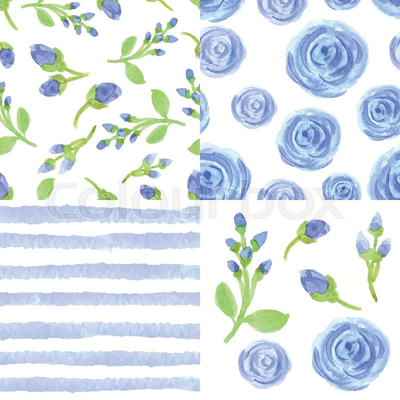 800x800 Watercolor Artistic Blue Flowers,strips Seamless Pattern Set