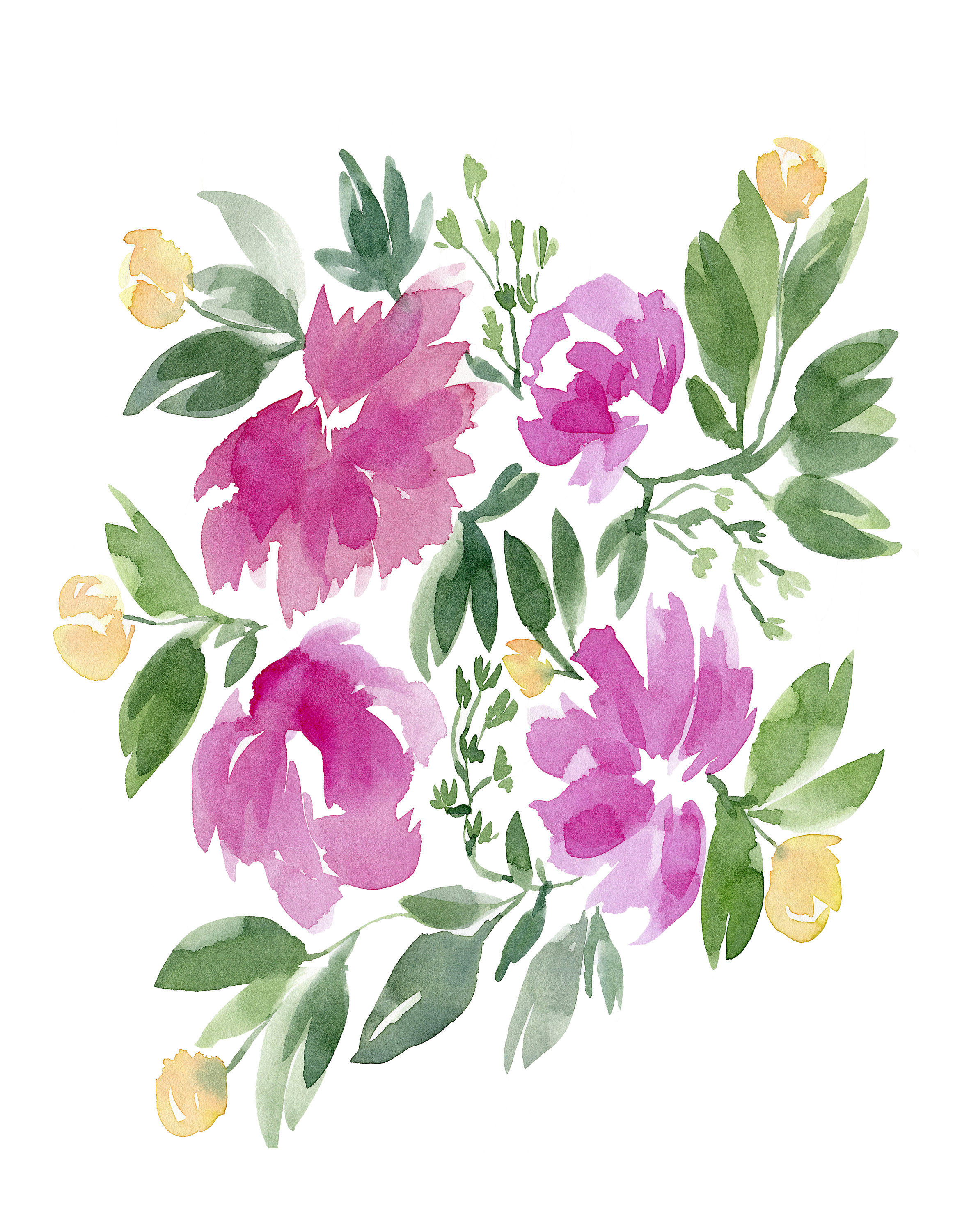2344x3000 Pink And Yellow Flowers No.1103 Watercolor Print Watercolor Floral