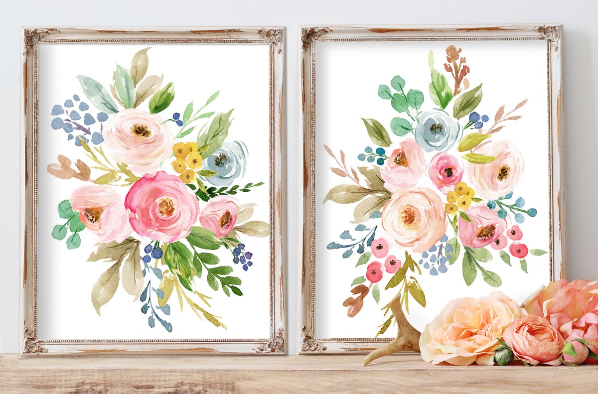 1200x791 Set Of 2 Watercolor Floral Wall Art Prints