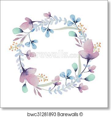 362x382 Art Print Of Watercolor Floral Frame. Flowers In Wreath