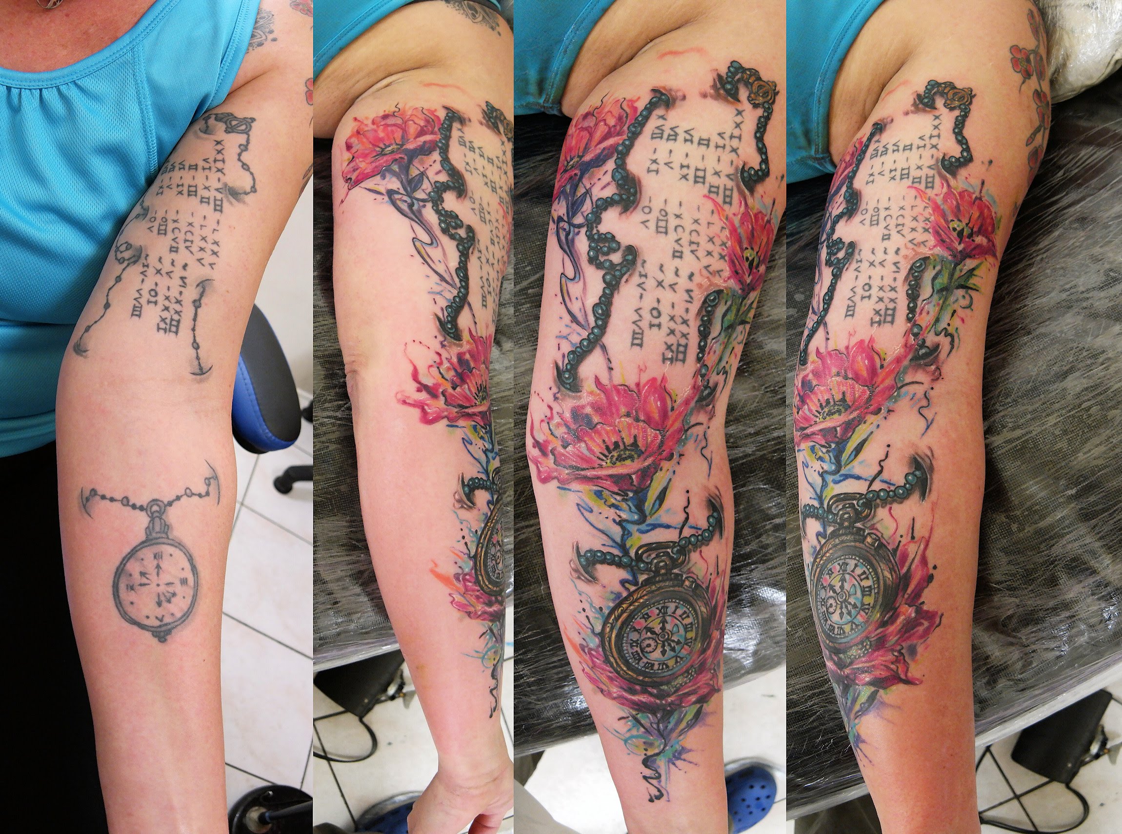 2300x1711 Beautiful Watercolor Flowers And Watch Tattoo Cover Up By Fluntboy