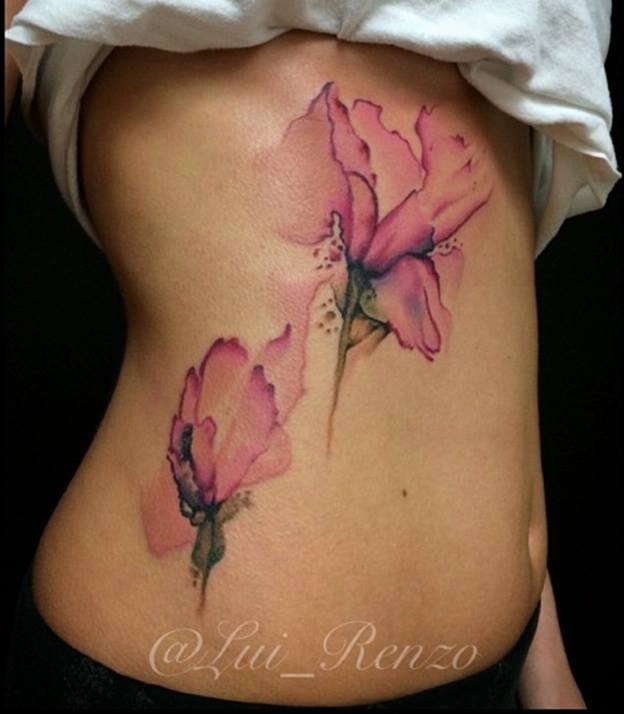 624x714 Watercolor Flower Tattoo On Side Rib By Luirenzo Tattoos