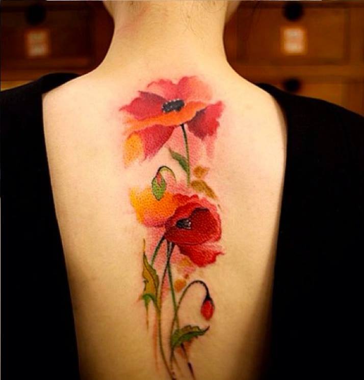714x747 Watercolor Flower Tattoo On Upper Back