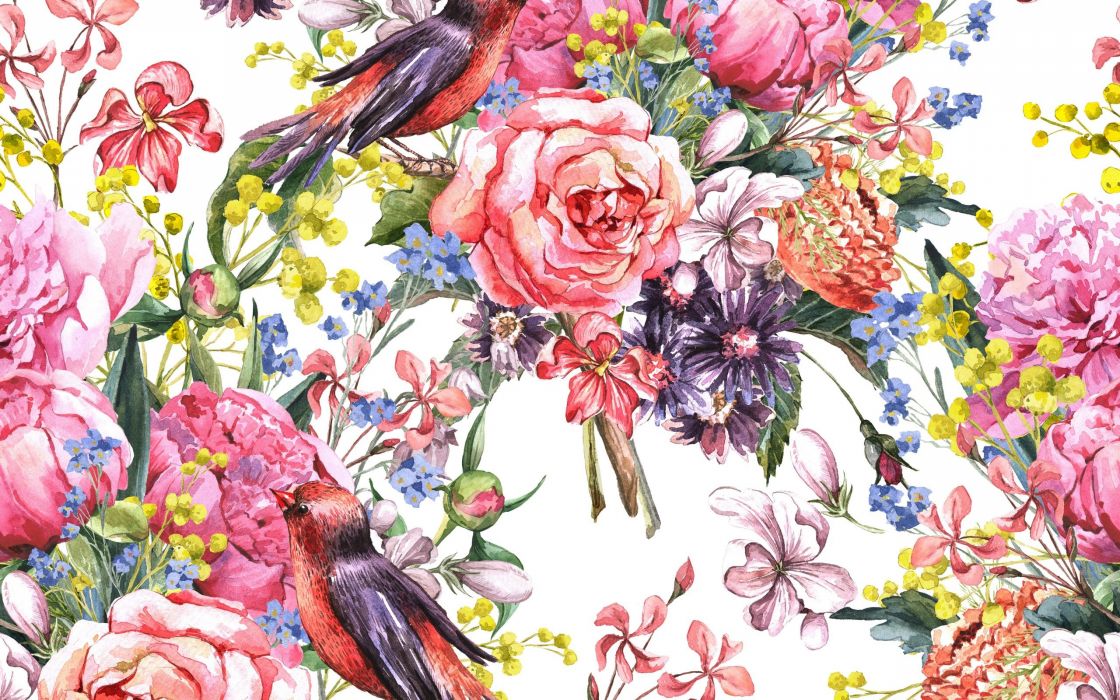 1120x700 Painting Watercolor Flowers Birds Wallpaper 2560x1600 848746