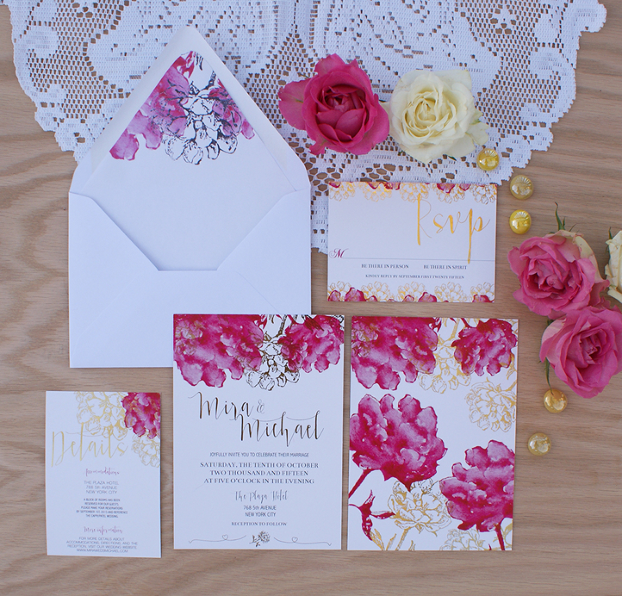 900x862 Gold Foil Wedding Invitation With Pink Watercolor Flowers