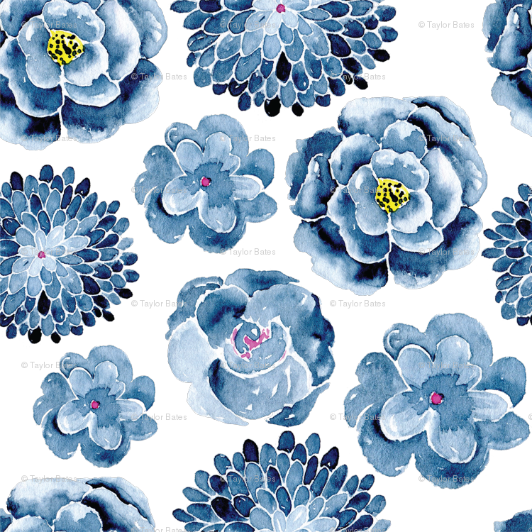 750x750 Navy Watercolor Flowers Wallpaper