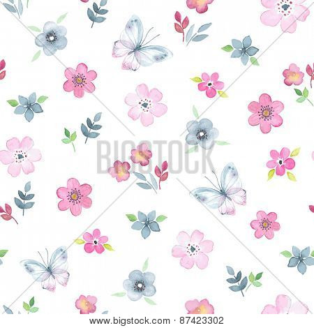450x470 Seamless Floral Pattern With Watercolor Flowers And Butterflies In
