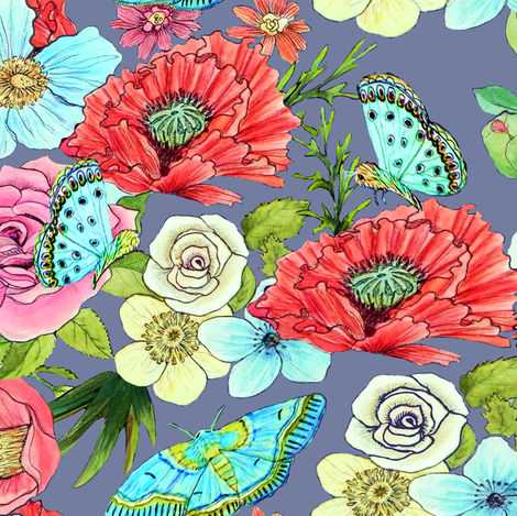 470x469 Watercolor Flowers Amp Butterflies In Mid Grey Wallpaper
