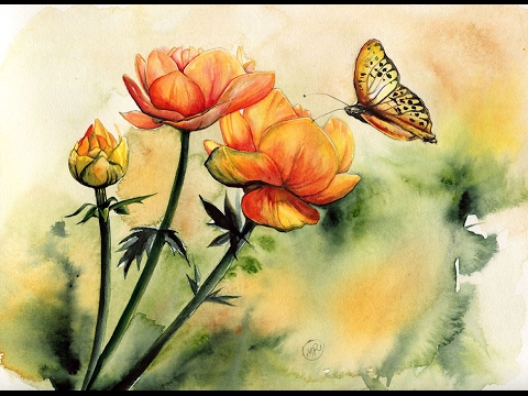 480x360 Watercolor Flowers And A Butterfly Painting Demonstration
