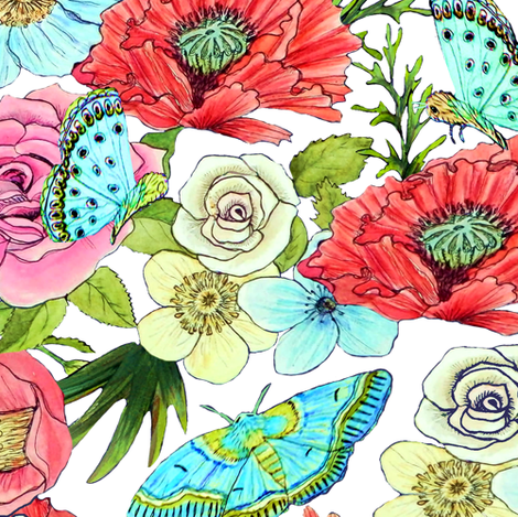 470x469 Watercolor Flowers And Butterflies On White Fabric