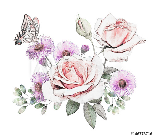 500x445 Watercolor Flowers. Floral Illustration In Pastel Colors, Rose