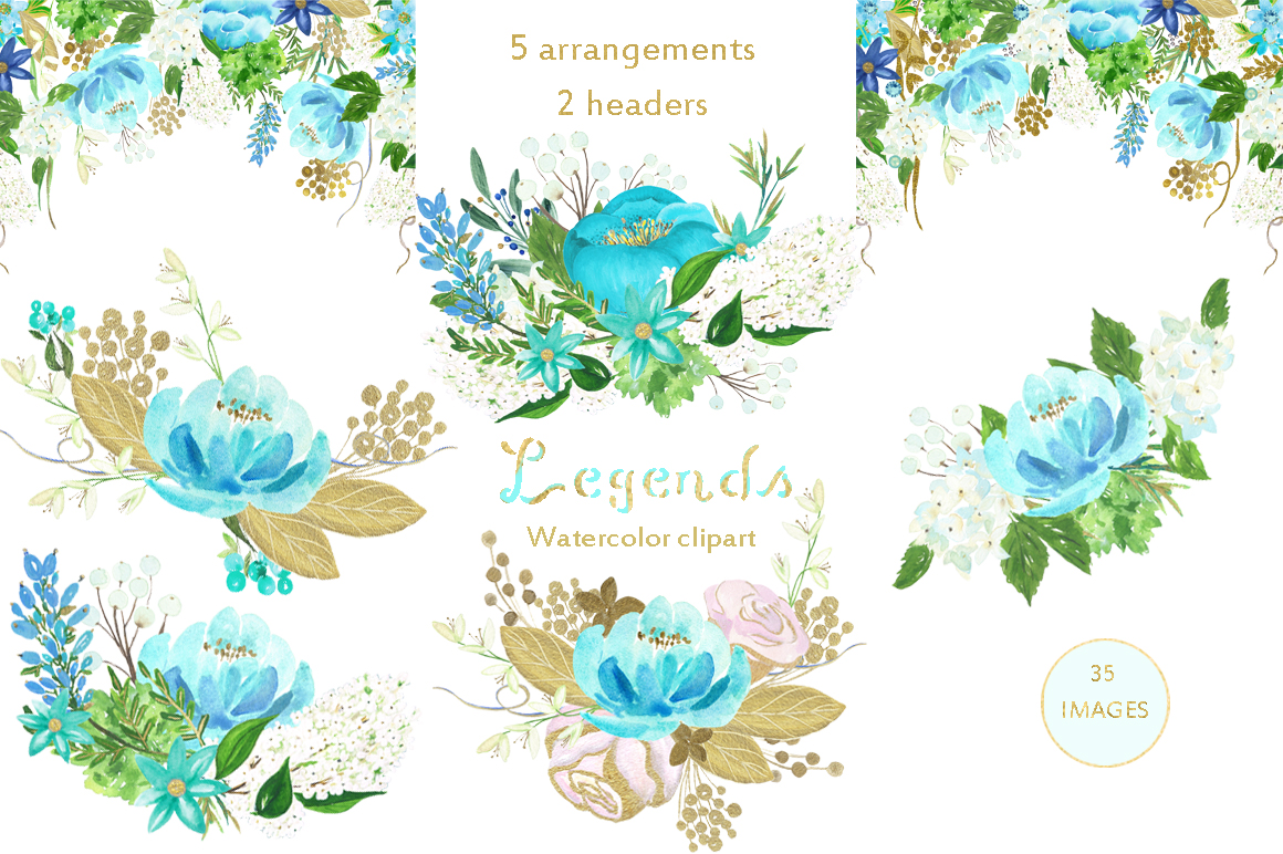 1160x772 Gold And Blue. Watercolor Flowers. By Labfcreations
