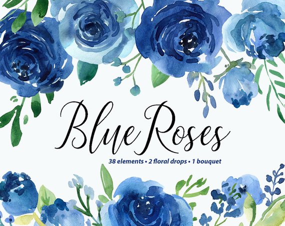570x452 Watercolor Flowers Clipart Blue Roses Leaves Branches Free Etsy