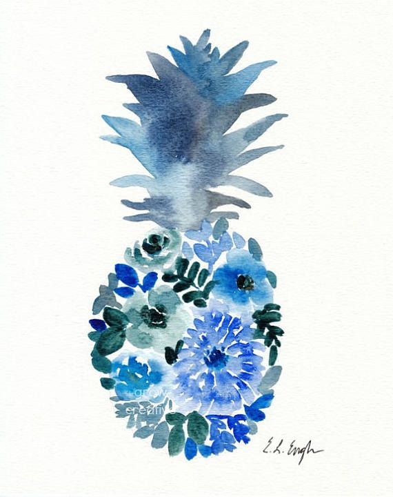 570x720 Blue Watercolor Flower Pineapple Painting, Original Watercolor