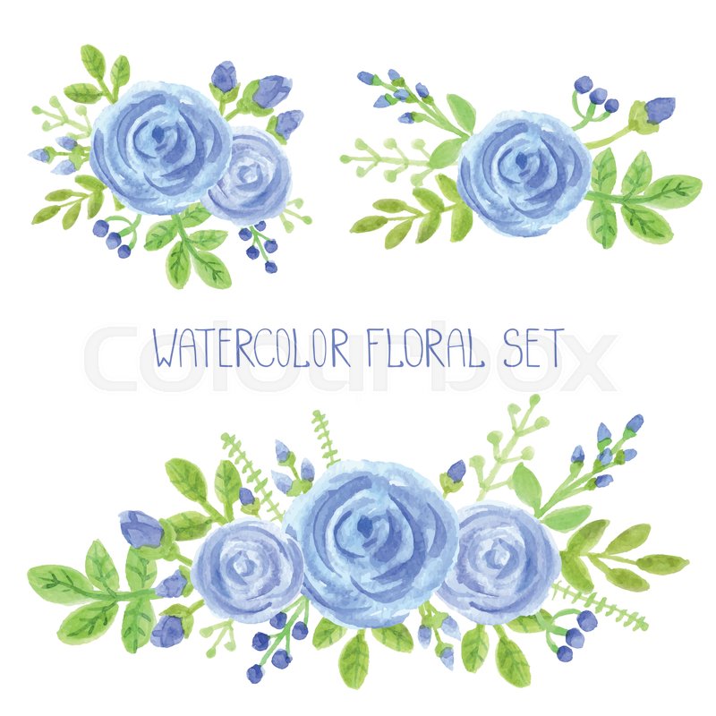 800x800 Watercolor Blue Flowers,green Branches,leaves Bouquet Set. Hand