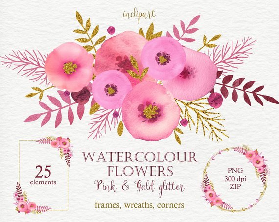 570x455 Pink Watercolor Flower Clipart. Floral Wreath Corner Frames Etsy