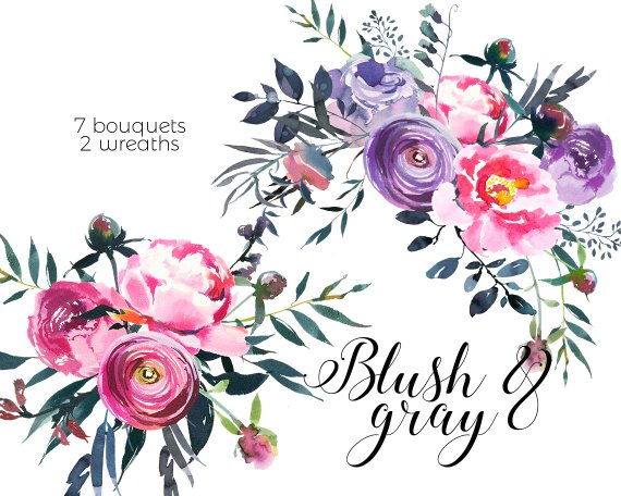 570x456 Watercolor Flowers Pink Gray Florals Digital Clipart Png Etsy