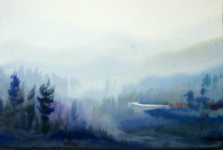 770x520 Mysterious Foggy Himalaya Landscape Watercolor On Paper Painting