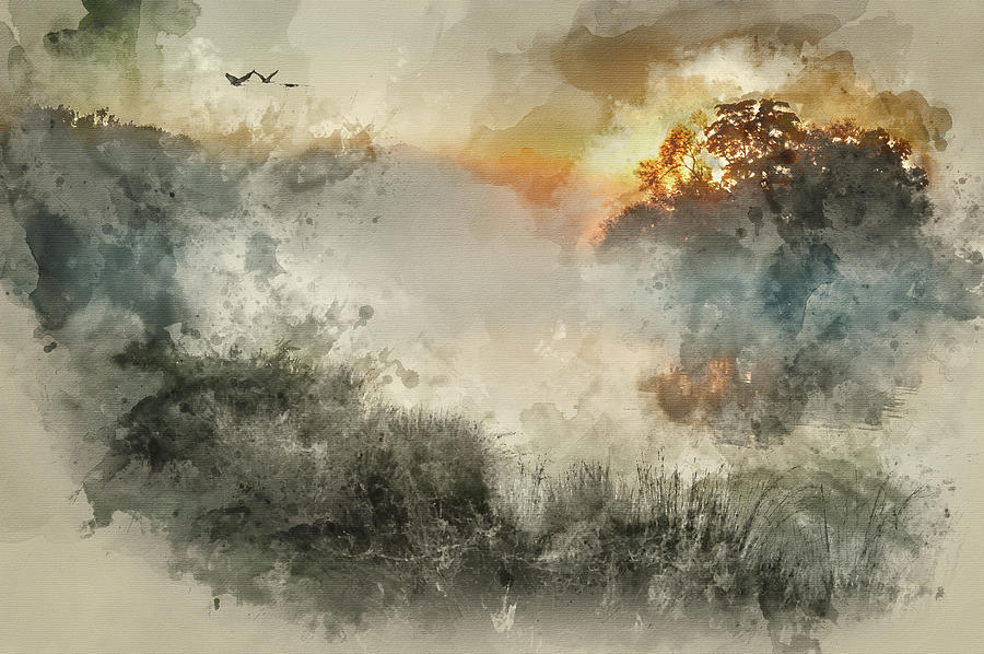 900x598 Watercolor Painting Of Beautiful Autumn Landscape Of Birds Flying