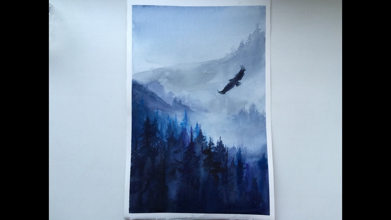 1280x720 Watercolour Painting. Landscape, Mist, Fog Forest, Eagle. Risuem
