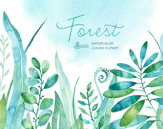 570x452 Forest Watercolor Leaves. 18 Handpainted Clipart, Foliage, Grass
