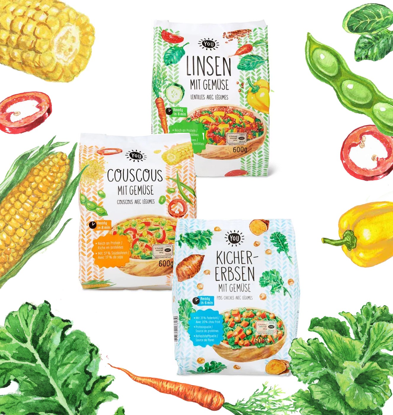 1327x1400 New You Products With Watercolor Food Illustrations On Packaging