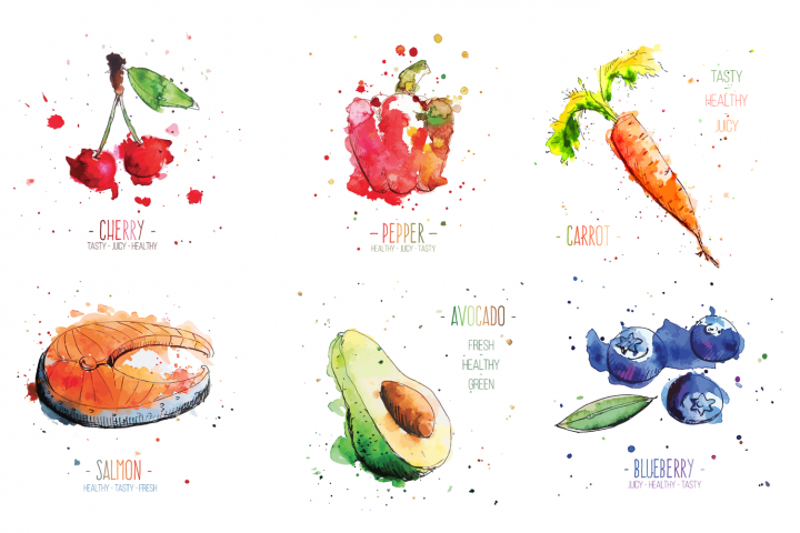 720x480 Watercolor Food Vegetables Fruits And Fish Vector + Bonus Bird