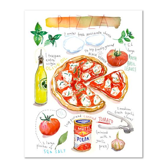 570x570 Pizza Recipe Watercolor Illustration Print Food Artwork Margherita