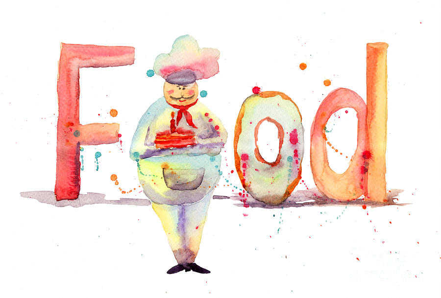 900x609 Watercolor Illustration Of Inscription Food With Chef Painting By