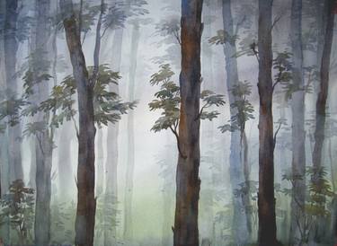 375x274 Mysterious Foggy Dense Forest Watercolor On Paper Painting By