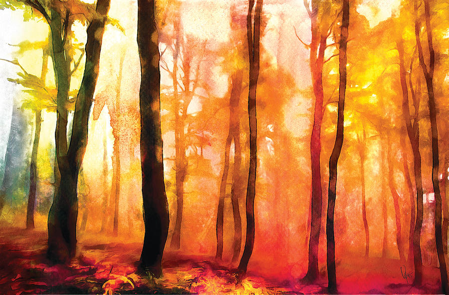 900x591 Water Color Forest Watercolor Sunset Landscape Print Landscape