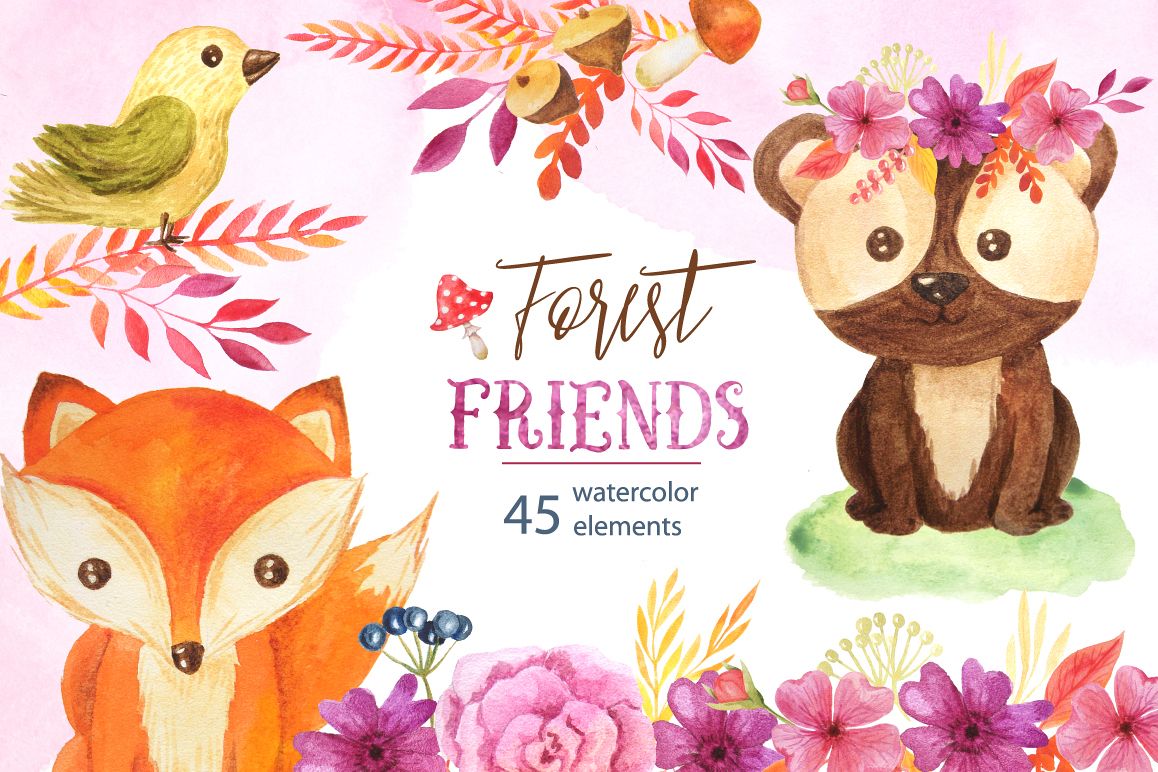 1158x772 Watercolor Forest Animals Set