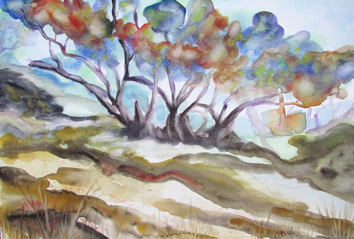695x470 Original Watercolour Painting Trees On A Hillside Avril E Jean