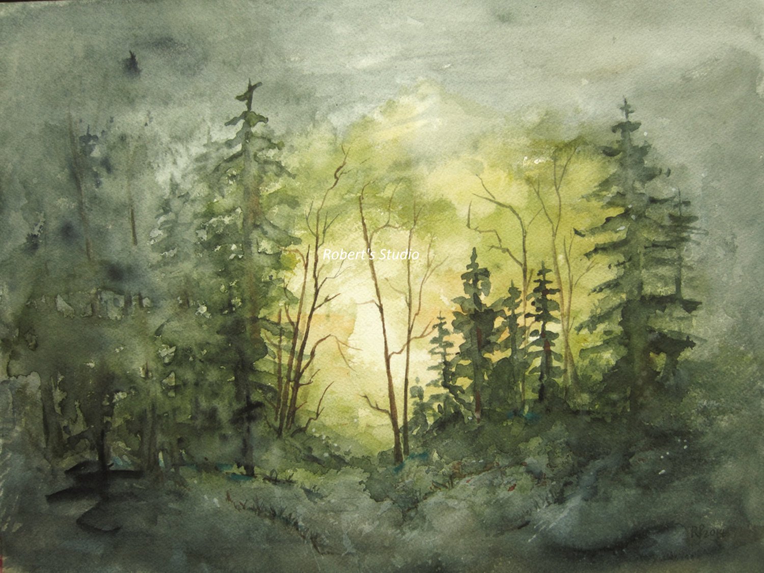 1500x1125 Watercolor Landscape Painting Archival Print Forest Painting Etsy