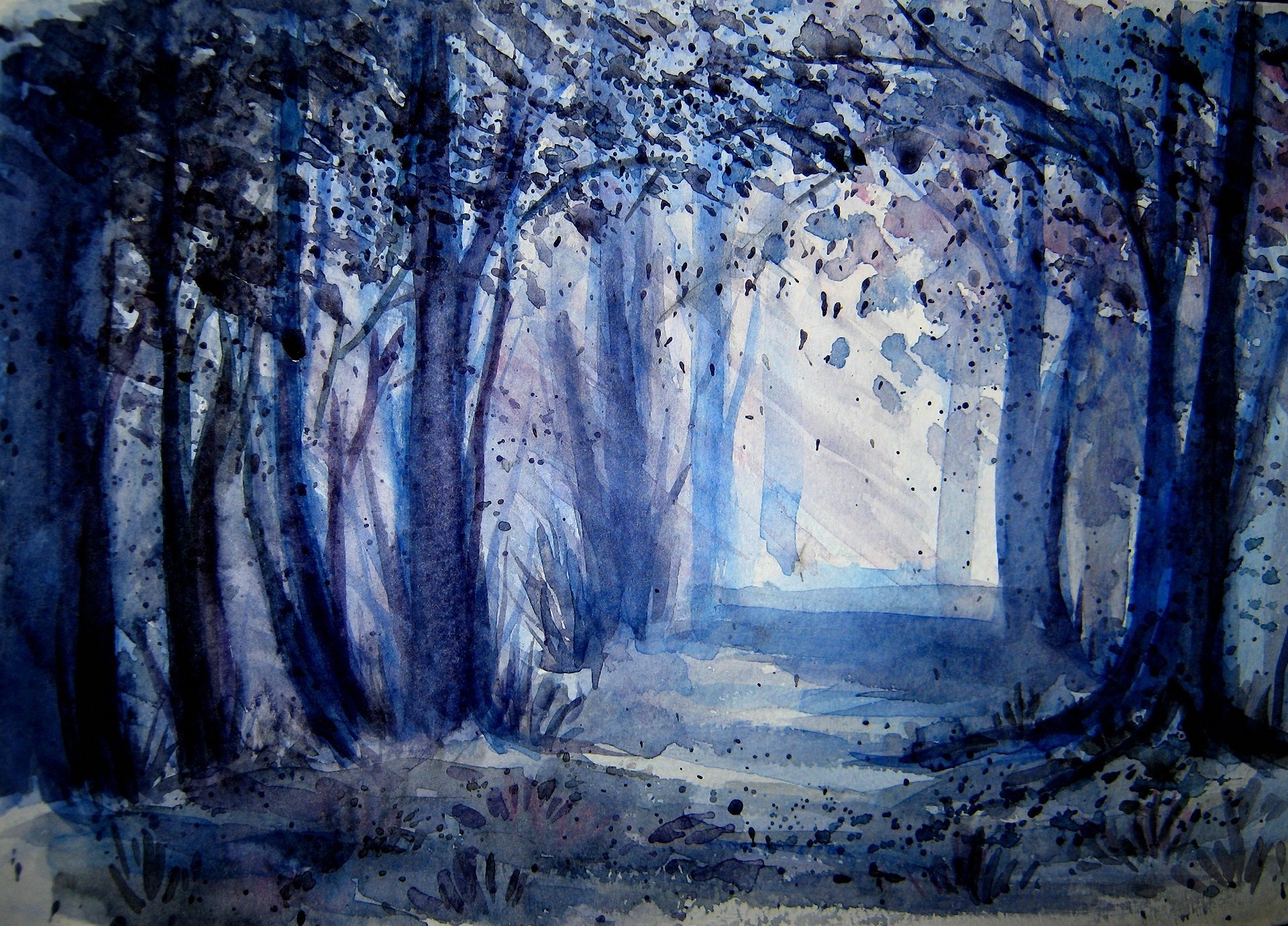 1920x1381 Painted Landscape Watercolor Forest Tree Twilight Clearance Rays