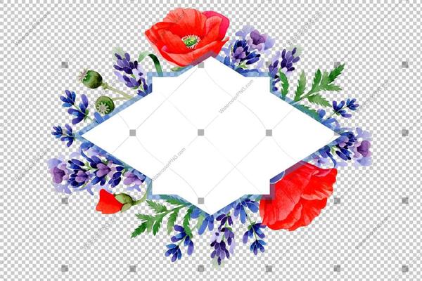 600x400 Red Poppy And Purple Lavender Frame Flowers Watercolor Png