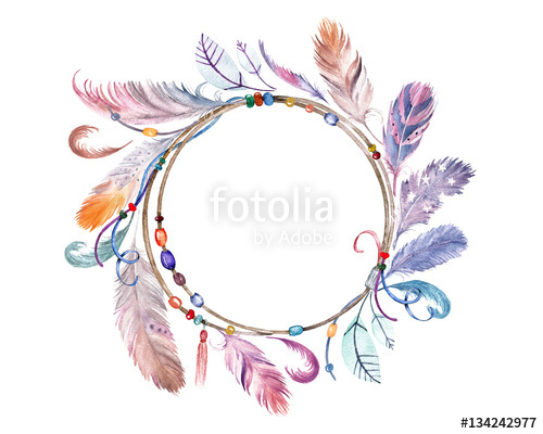500x400 Watercolor Colorful Feathers Frame. Hand Drawn Boho Wreath For