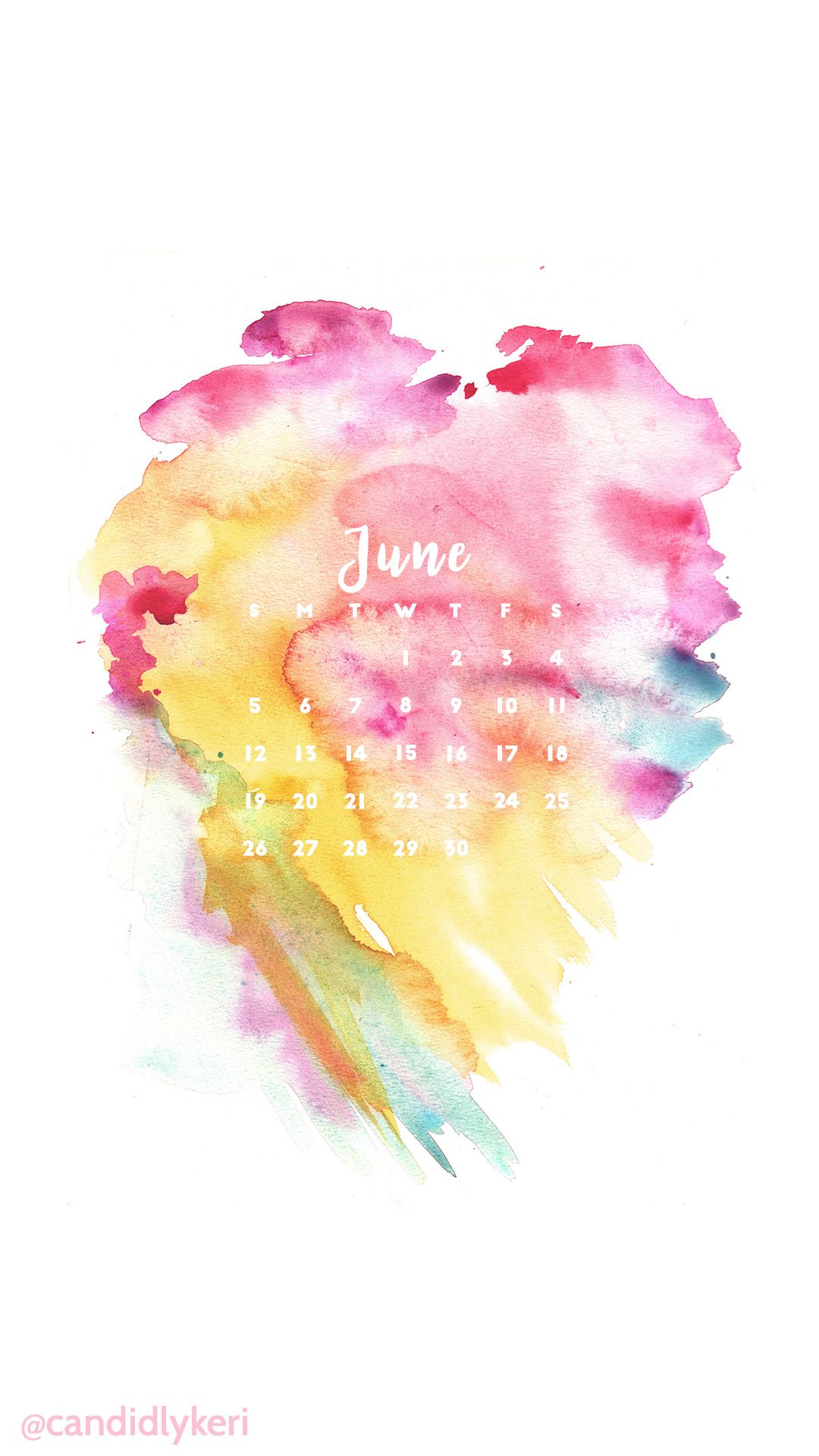 1080x1920 Rainbow Pink Purple Yellow Blue Watercolor June 2016 Calendar