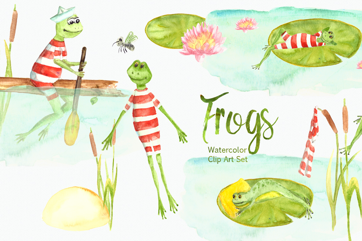 1160x772 Watercolor Frogs Clip Art Set