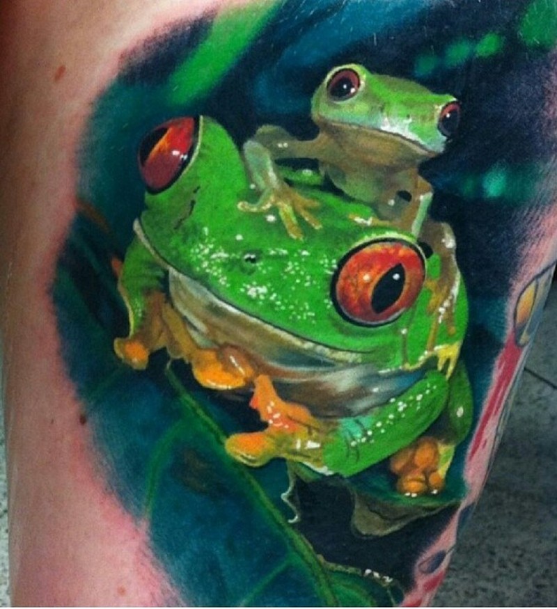 800x875 Realistic Green Frogs Watercolor Tattoo