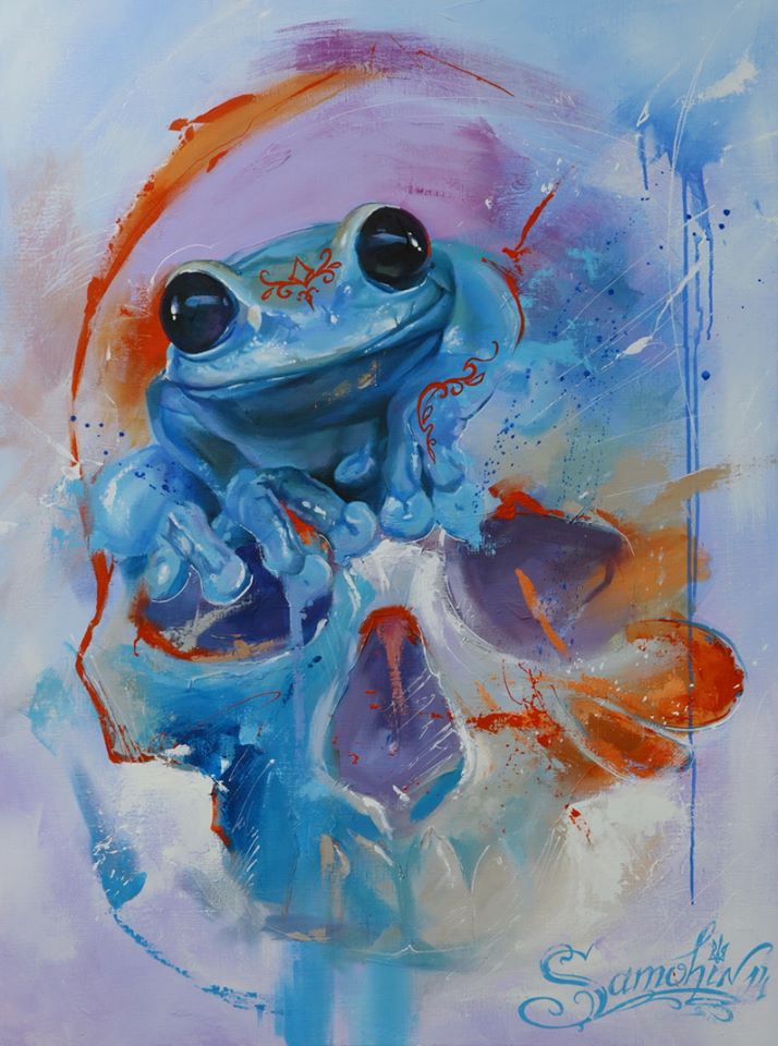 714x960 Watercolor Blue Ink Frog With Skull Tattoo Design
