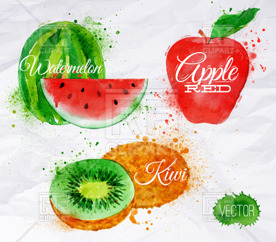 400x350 Watercolor Fruit Set Kiwi, Red Apple And Watermelon Vector Image
