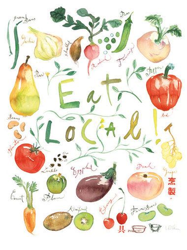 380x507 Eat Local Poster Kitchen Art Print Food Illustration Watercolor