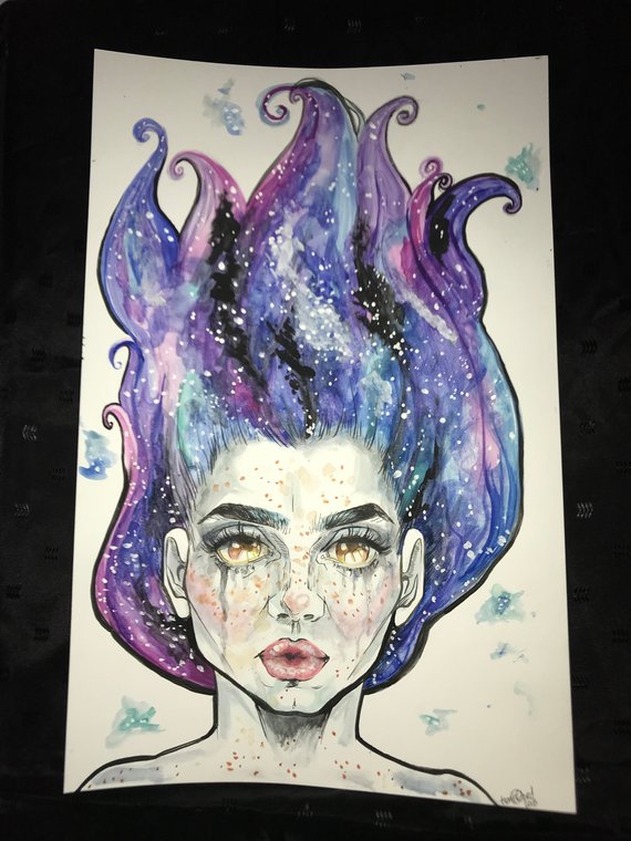 570x760 Ooak Original Watercolor Galaxy Girl Etsy