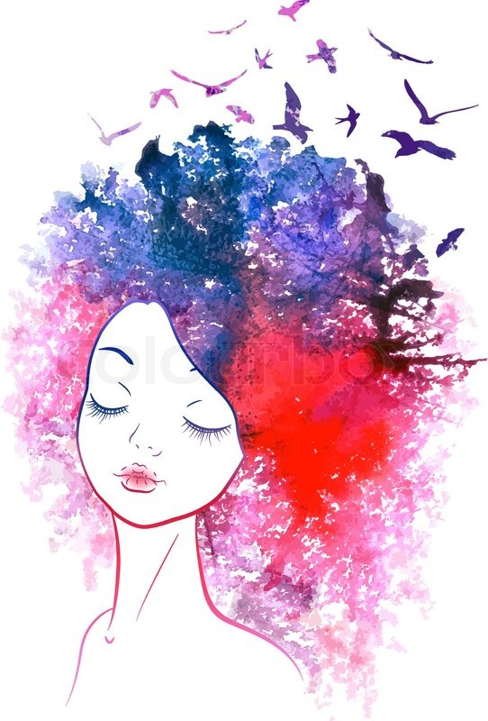 542x800 Seasons Pretty Girl. Birds In Her Hair. Watercolor Illustration